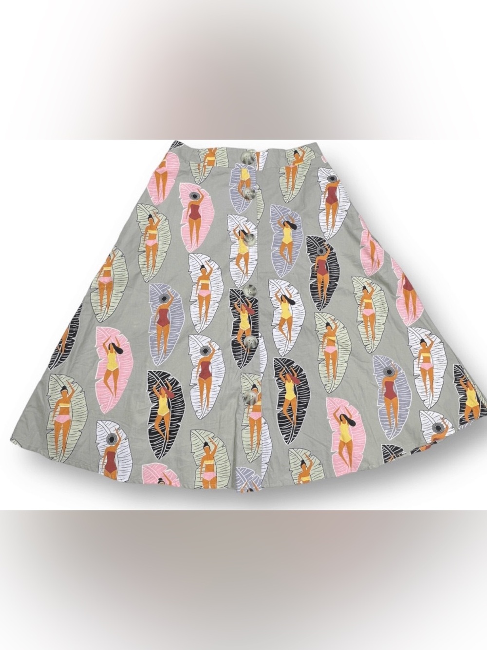 Eva Franco Neutral A-line Skirt with Black, Yellow and Orange Surf Girl Print
